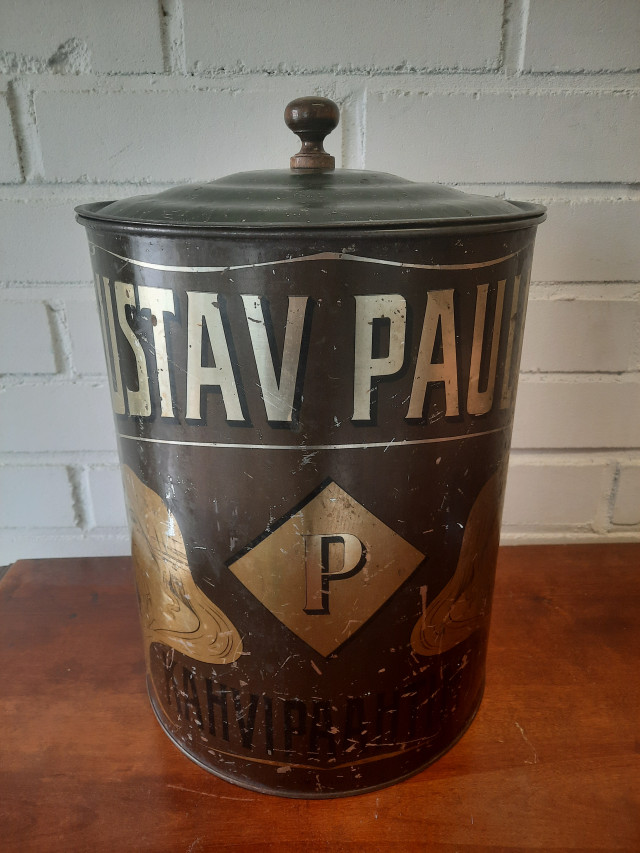 Iso metallinen Gustav Paulig kahvipaahtimo purkki 1900 luvun alku