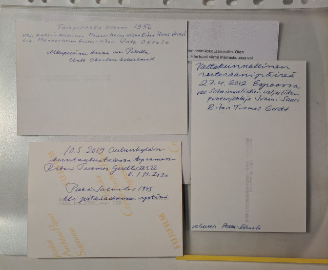 Viirin saanut Mannerheimin Ristin ritari Unto Oksala, ritari Tuomas Gerdtin nimikirjoitus takana + muuta oheismateriaalia