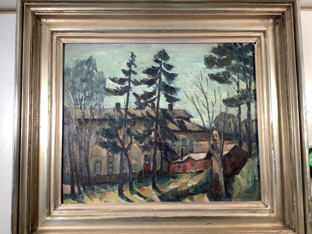 Väinö Kamppurin taulu “Puita pihamaalla” 1925, öljyvärimaalaus levylle