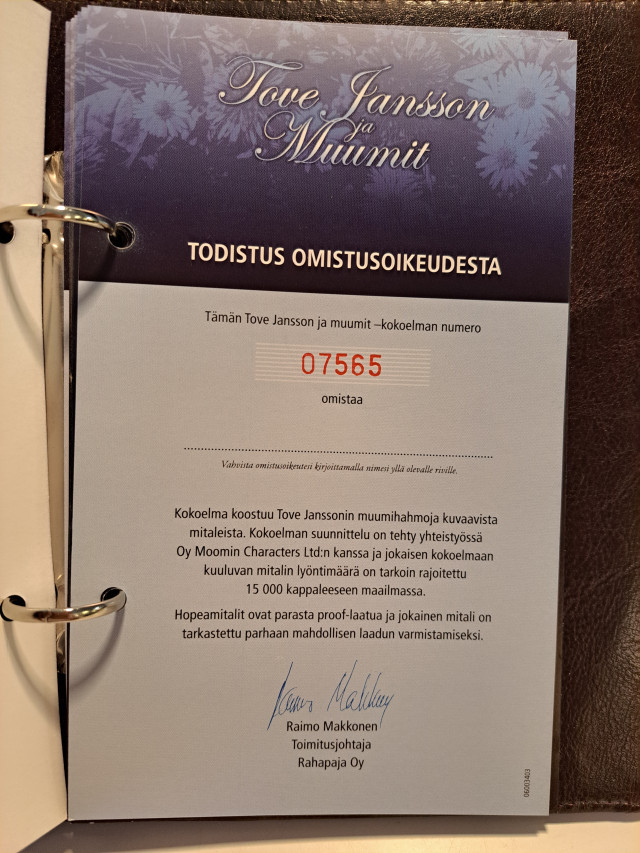 Muumimitali kokoelma Sterling hopeaa 925 mukana aitoustodistukset