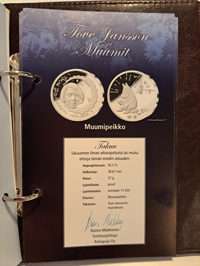 Muumimitali kokoelma Sterling hopeaa 925 mukana aitoustodistukset