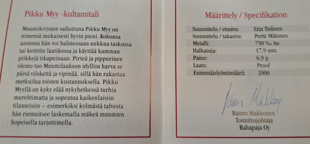 Tove Jansson Pikku Myy- kultamitali 790‰ Au