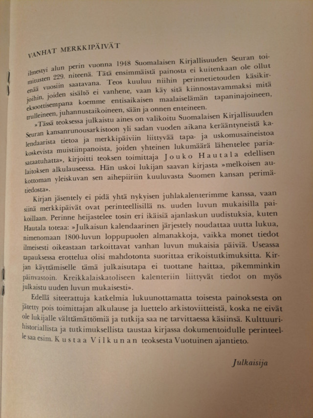 Vanhat merkkipäivä, 'kansanperinteen käsikirja'