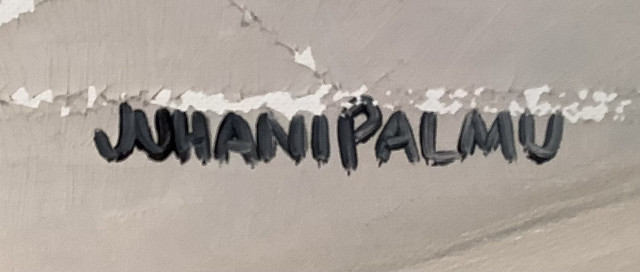 Juhani Palmu. Öljyvärimaalaus,vikoja kankaassa,maali irronnut ym.