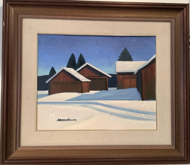 Juhani Palmu. Öljyvärimaalaus,vikoja kankaassa,maali irronnut ym.
