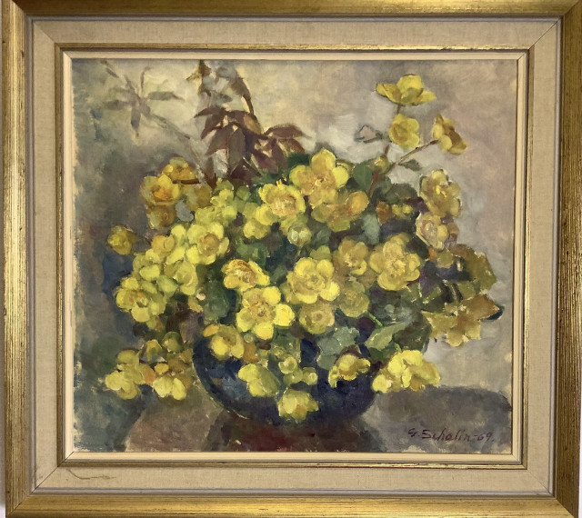 Greta Schalin 1969 kukkamaalaus, öljyväri kankaalle