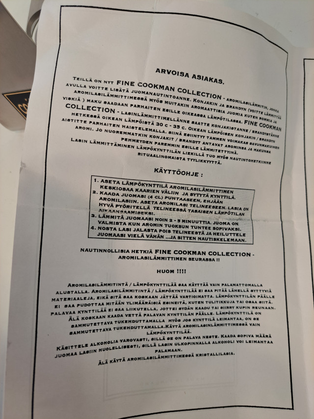 Konjakkolasi, aromilasin lämmitin+ohje