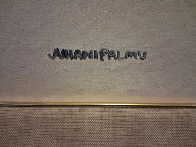 Juhani Palmu. Öljyvärimaalaus,vikoja kankaassa,maali irronnut ym.