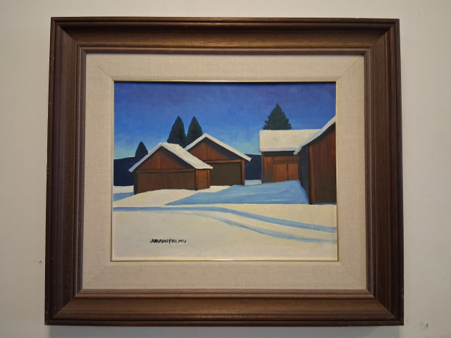 Juhani Palmu. Öljyvärimaalaus,vikoja kankaassa,maali irronnut ym.