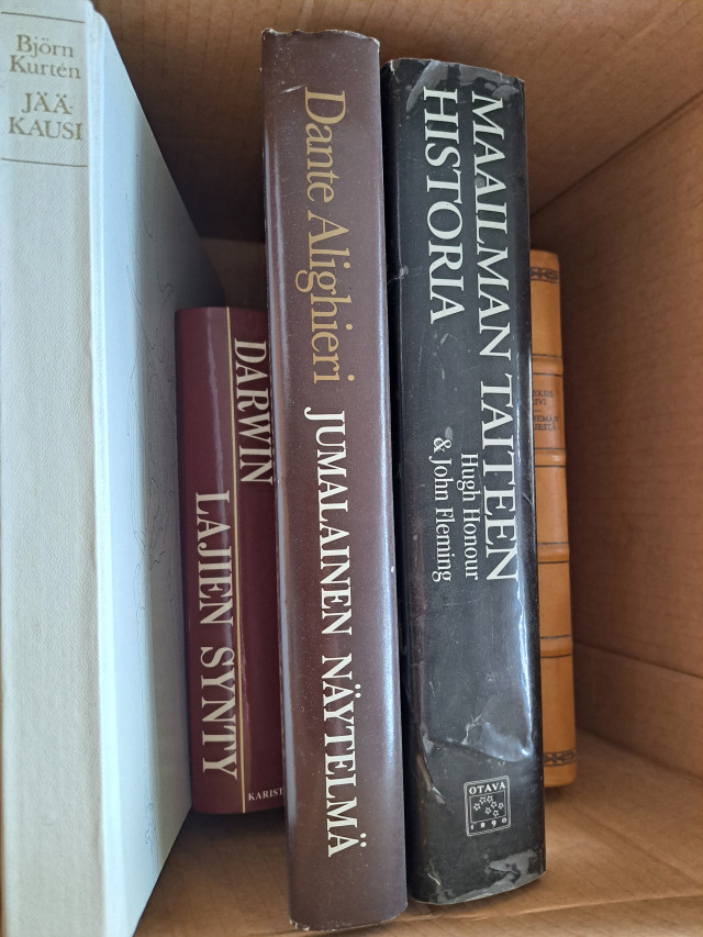 Kirjoja mm. Tavastjerna Jean Sibelius kirjoja, Dante Jumalainen näytelmä, Maailman taiteen historia ym