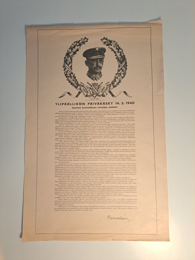 Ylipäällikön päiväkäsky 14.3.1940 Mannerheim