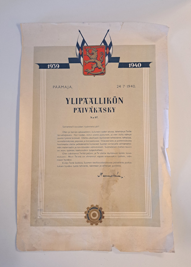 Ylipäällikön päiväkäsky 24.7.1940 Mannerheim