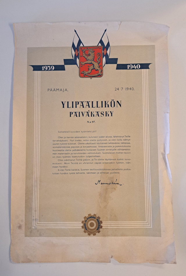 Ylipäällikön päiväkäsky 24.7.1940 Mannerheim