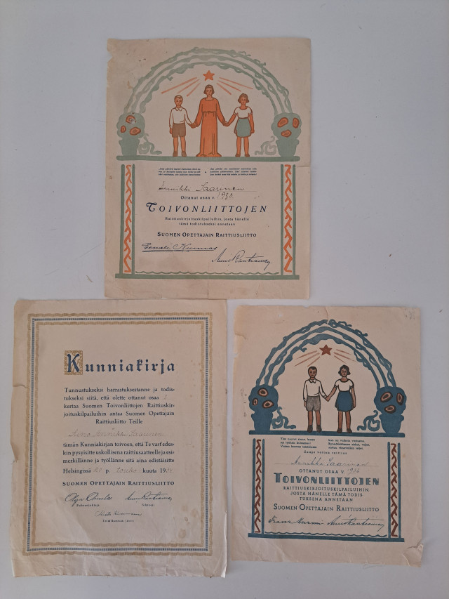 Raittiuskilpailujen stipendejä 3kpl 1930-luvulta