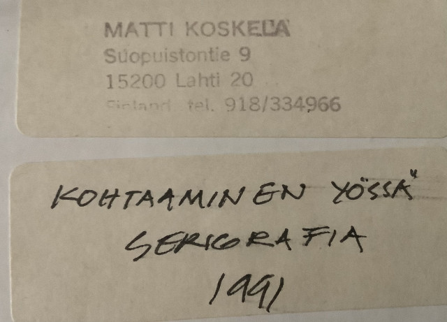Matti Koskela serigragfia 1991 : kohtaaminen  yössä”