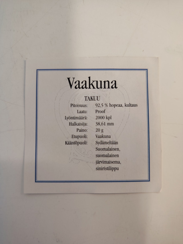 Rahapaja Monetan Vaakuna juhlamitali, kullattu 92,5 hopeaa