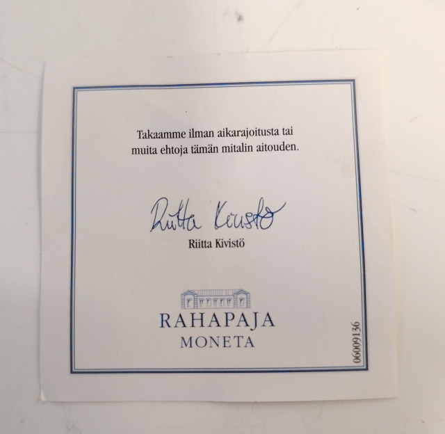 Rahapaja Monetan Vaakuna juhlamitali, kullattu 92,5 hopeaa