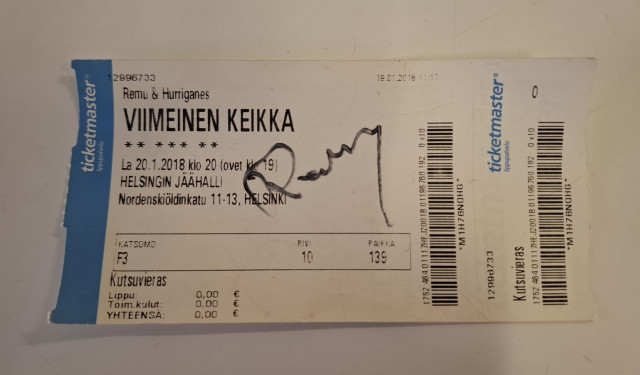 Remu&Hurriganes Viimeinen keikka-lippu Remun nimmarilla
