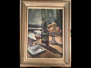 Frans Hiivanainen ”Pulloasetelma”signeerattu, öljy kankaalle