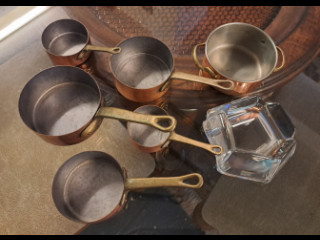 Pieni kuparikattila+kasarisetti+lasinen tuhkakuppi