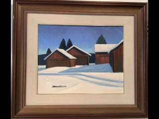 Juhani Palmu. Öljyvärimaalaus,vikoja kankaassa,maali irronnut ym.