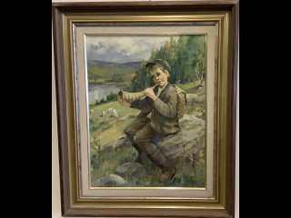 Vanhatalo signeerattu  Paimenpoika öljyvärimaalaus kankaalle