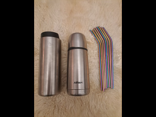 Airam pieni termospullo, käyttämätön termosmuki ja teräspillit 8kpl